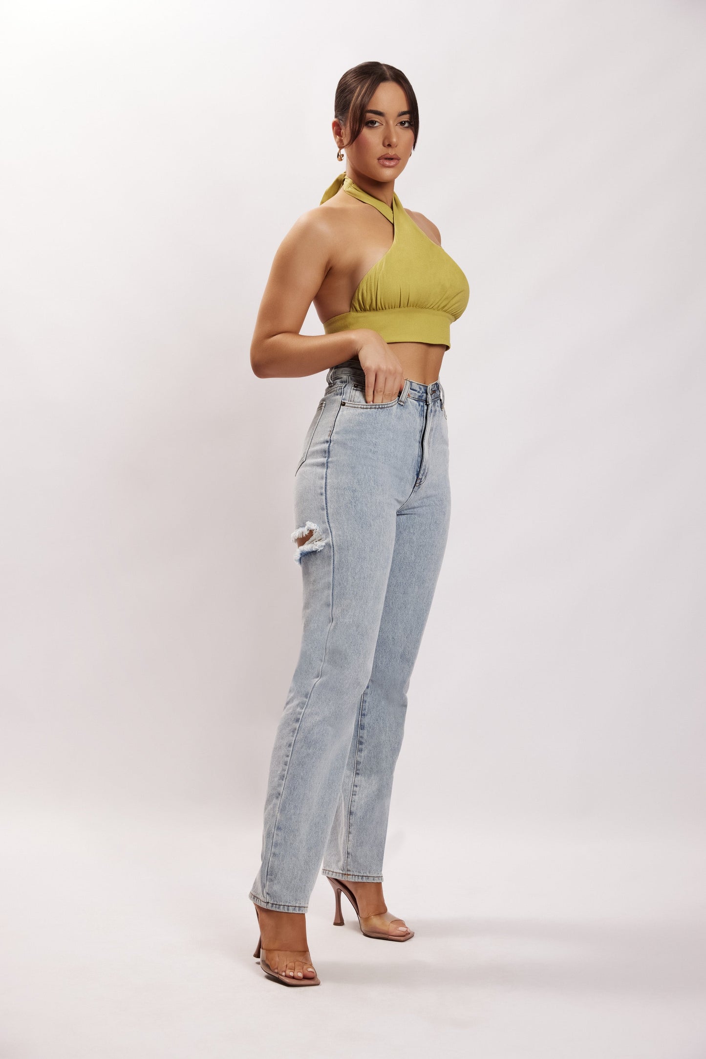 Piper Halter Neck Linen Crop Top - Apple