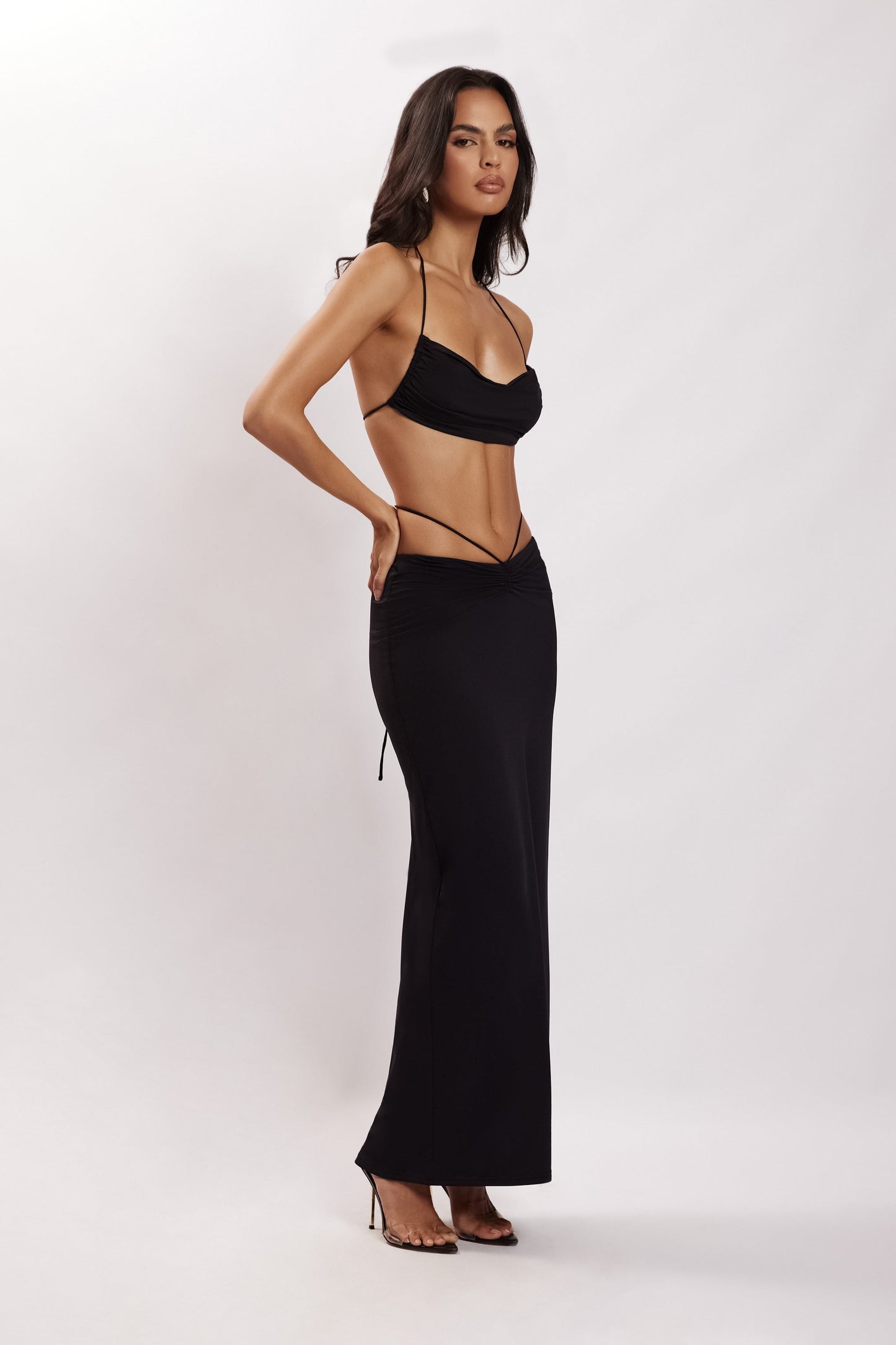 Amber Ruched Halter Crop Top - Black