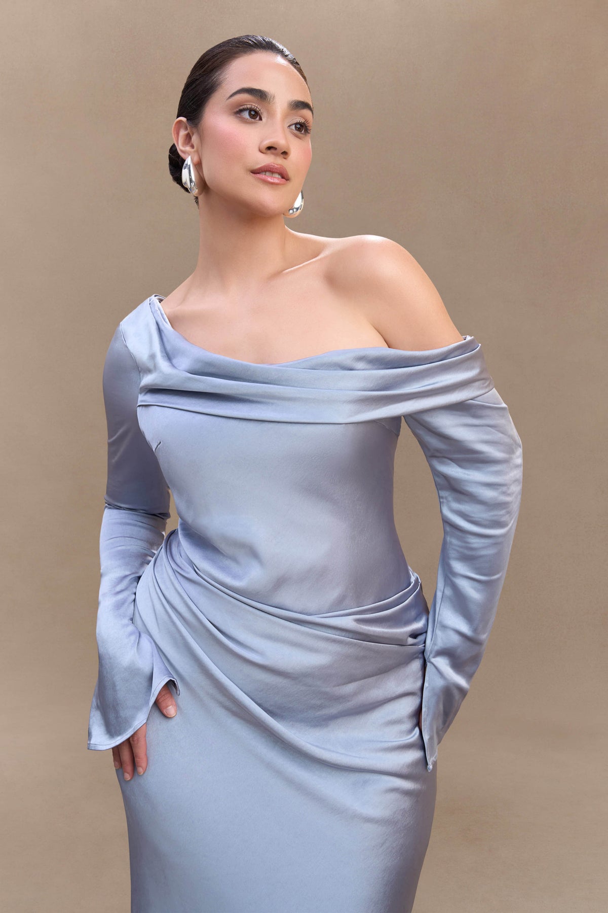 Iris Long Sleeve Satin Maxi Dress - Frosted Blue #7