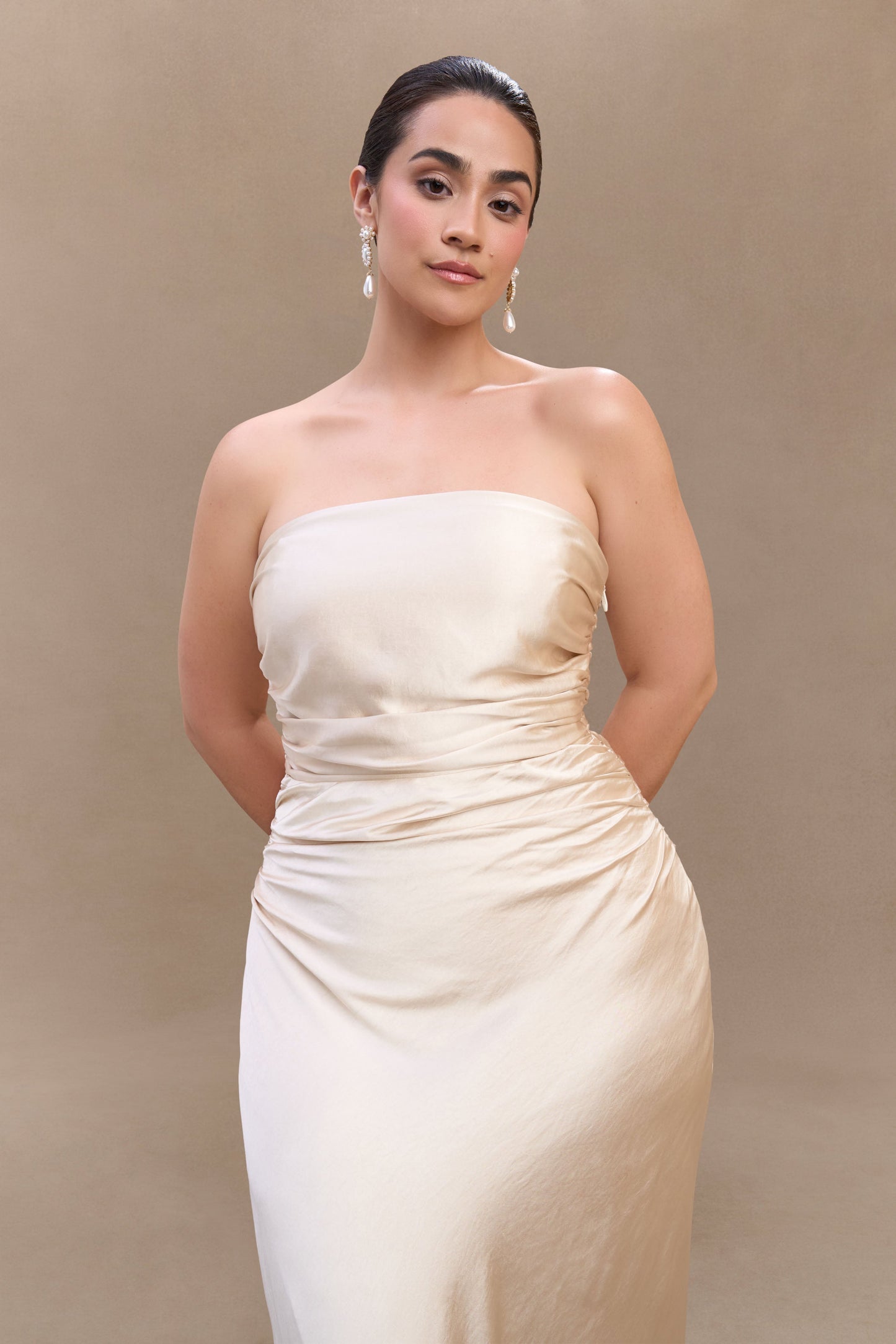 Cedar Strapless Satin Maxi Dress - Blush Gold