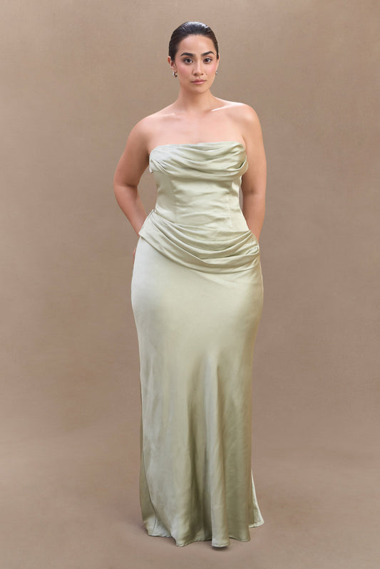 Jasmine Strapless Satin Maxi Dress - Sage