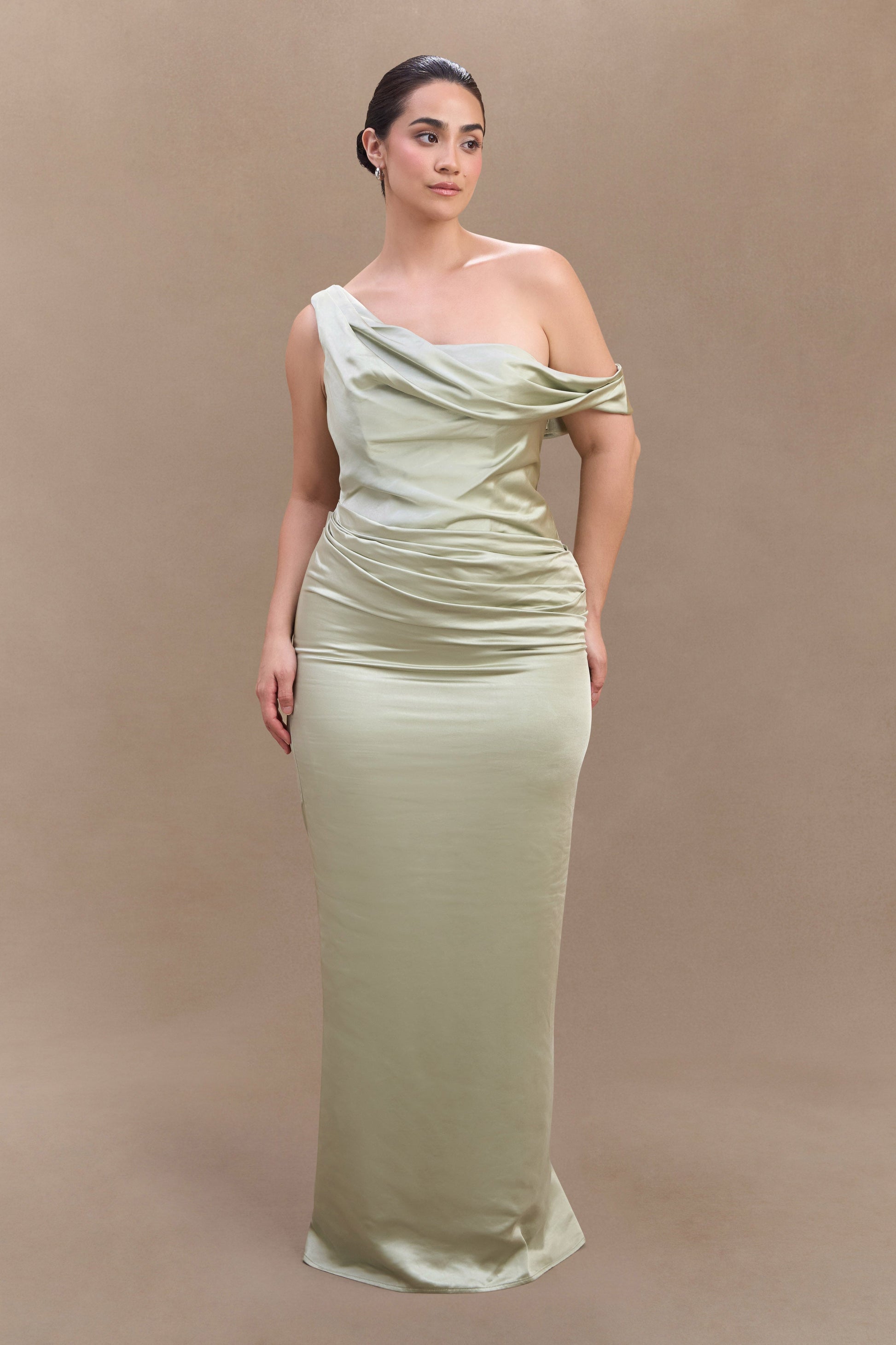 Dalia Off Shoulder Satin Maxi Dress - Sage #9