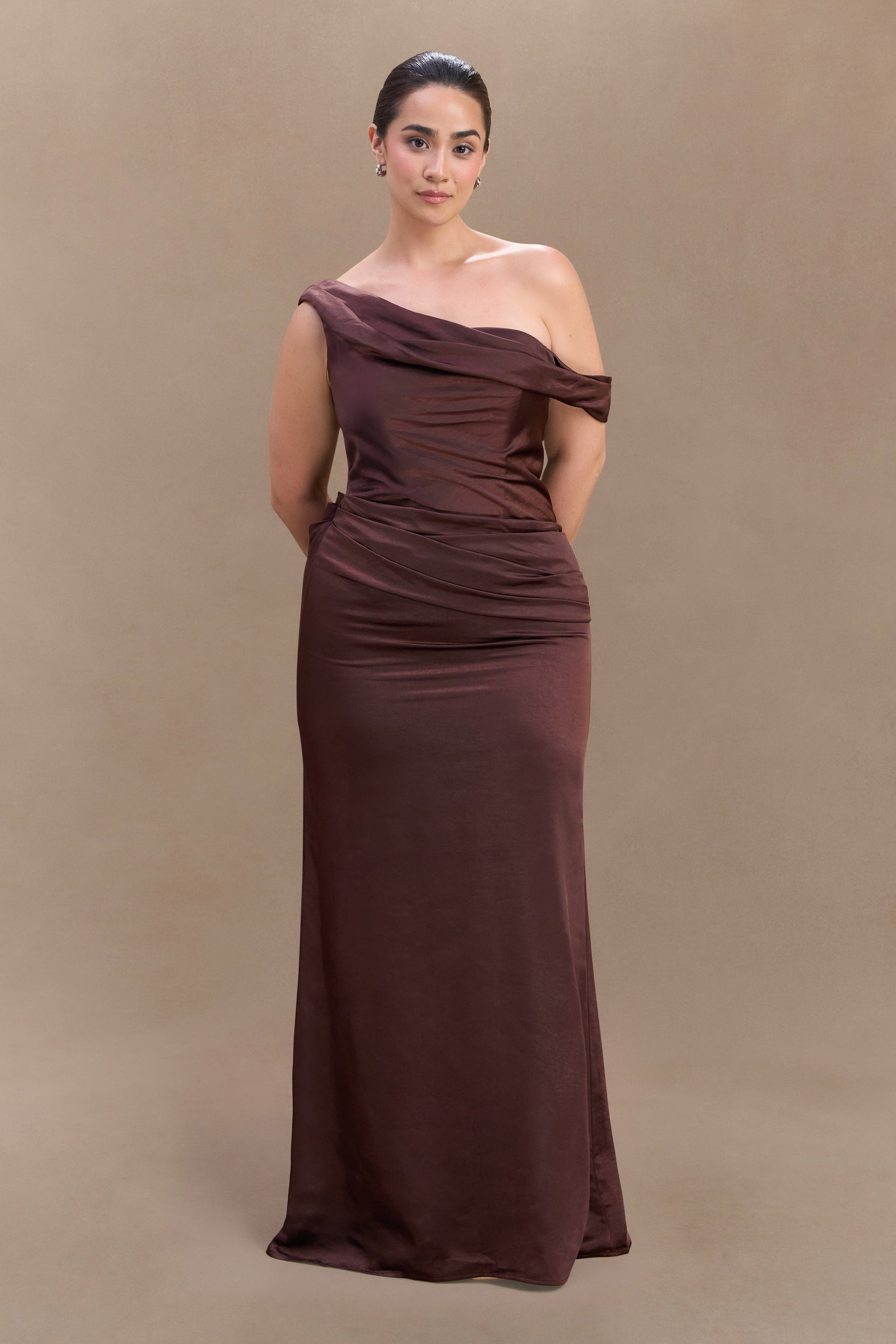 Dalia Off Shoulder Satin Maxi Dress - Dark Chocolate #9