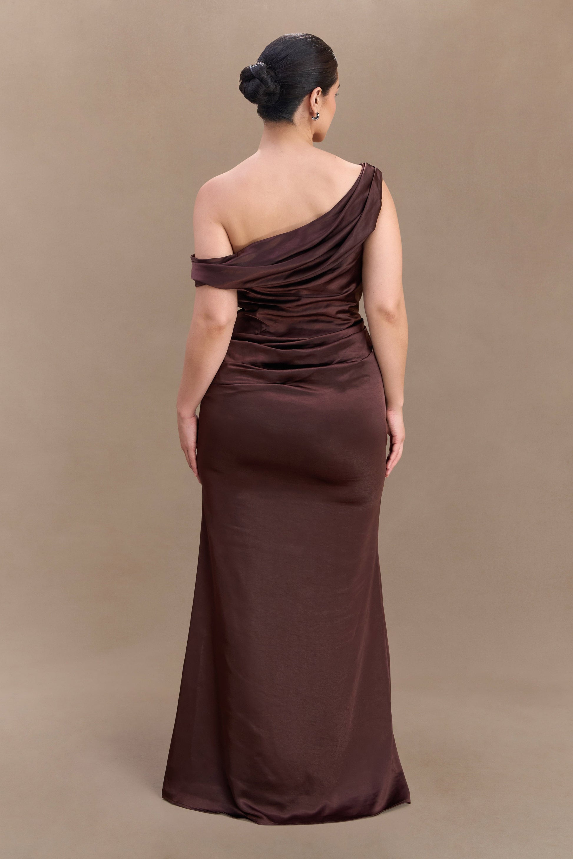 Dalia Off Shoulder Satin Maxi Dress - Dark Chocolate #10