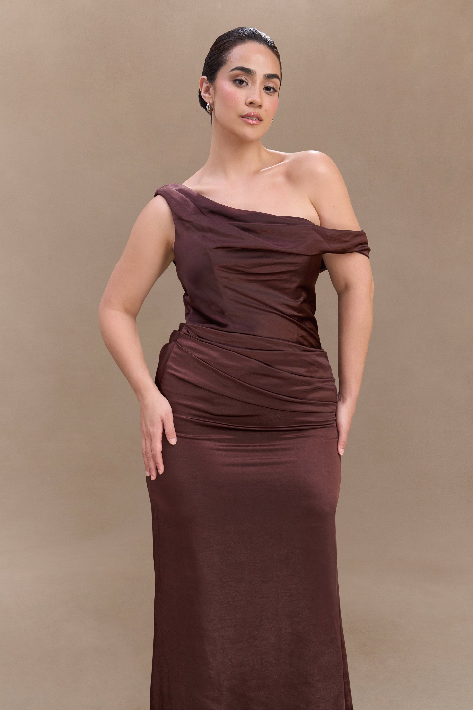 Dalia Off Shoulder Satin Maxi Dress - Dark Chocolate #11