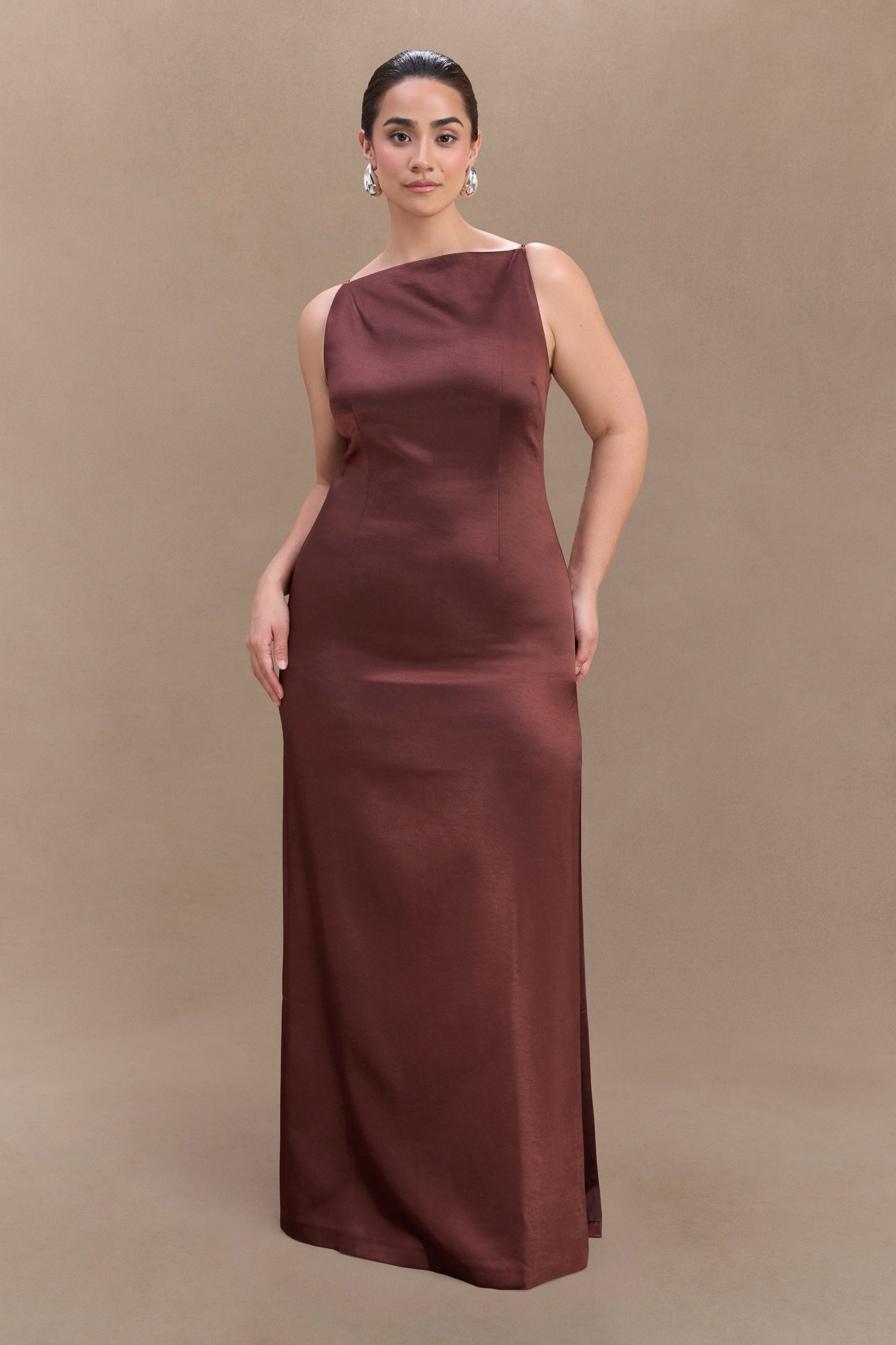 Violet Sleeveless Satin Maxi Dress - Dark Chocolate #4