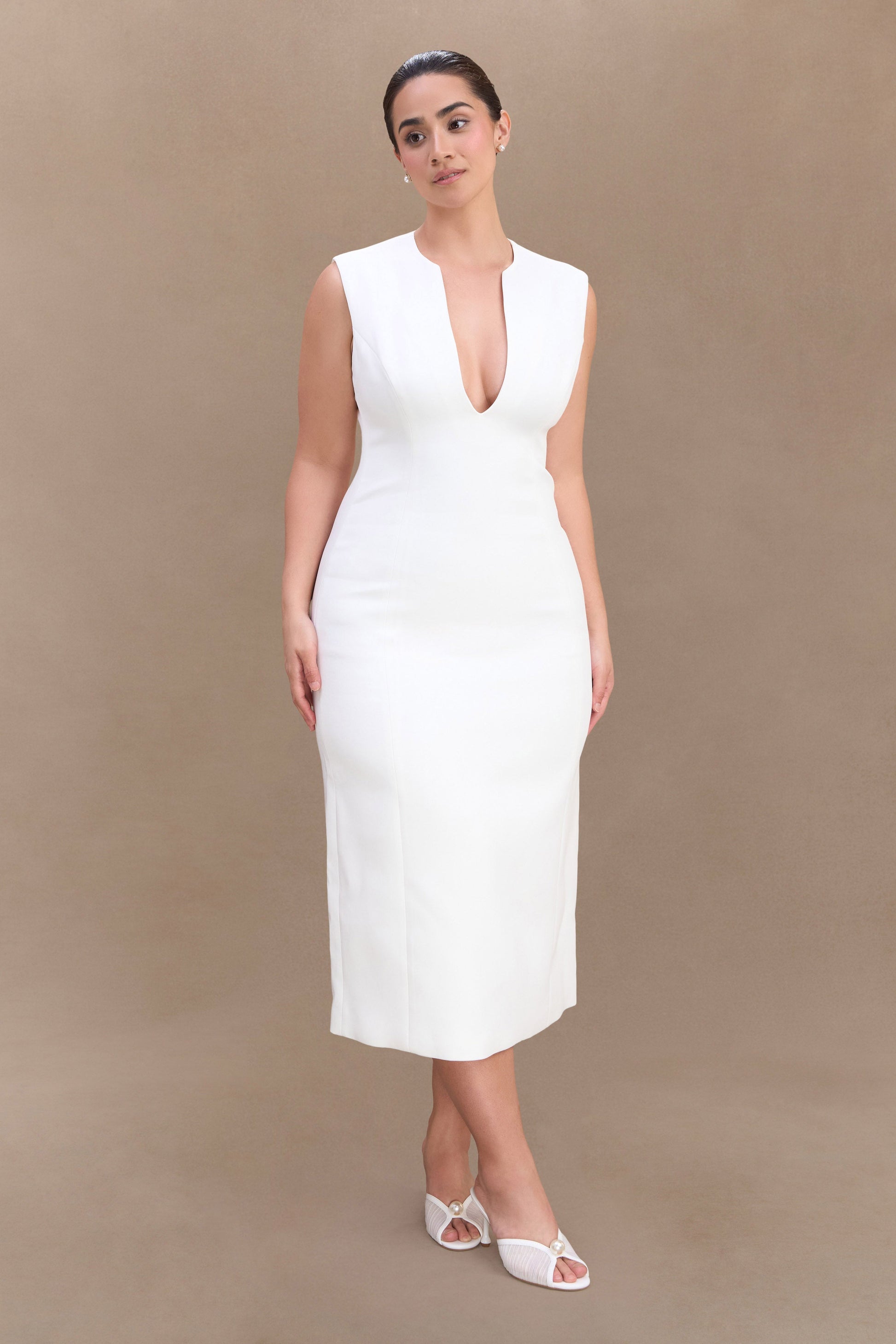 Audrine Suiting Sleeveless Midi Dress - Ivory #4