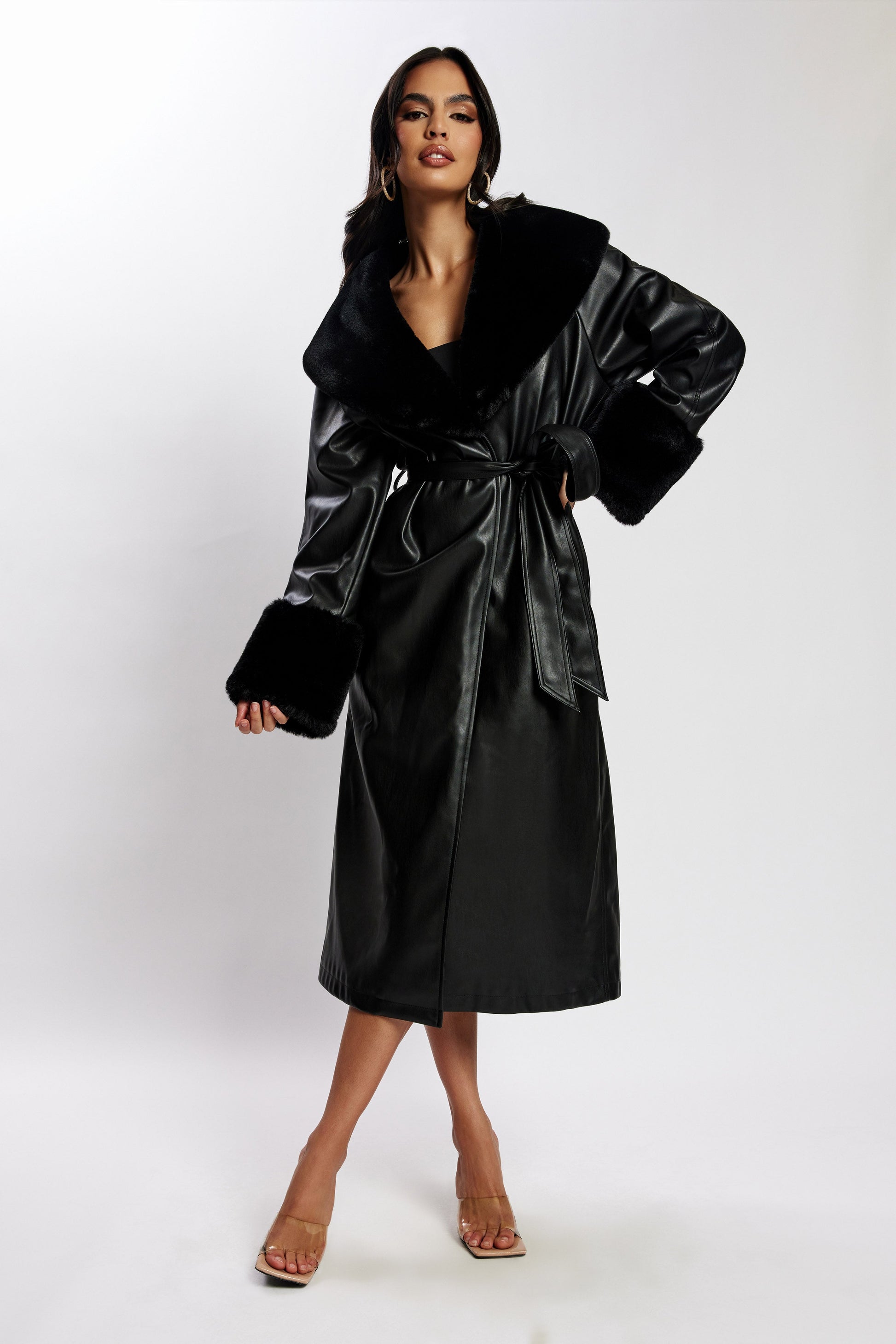Rebekah Oversized Pu Trench Coat With Fur Trim - Black #6