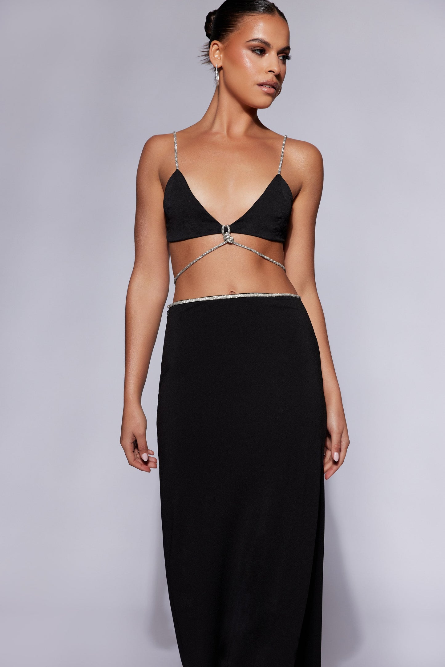 Sweeney Diamante Maxi Skirt With Split - Black