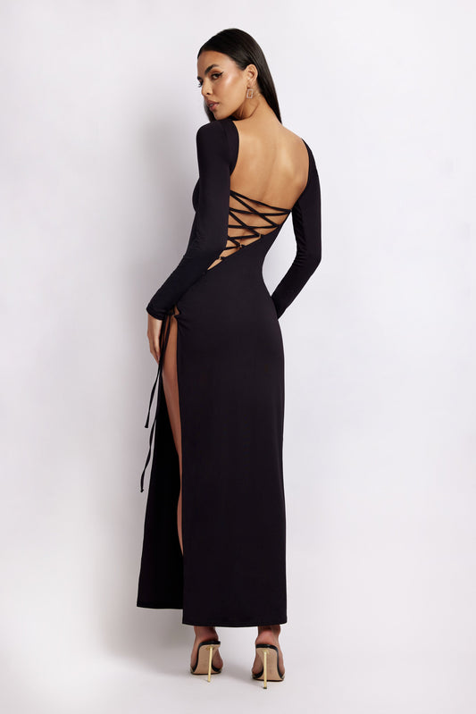 Kathryn Recycled Nylon Lace Up Maxi Dress - Black