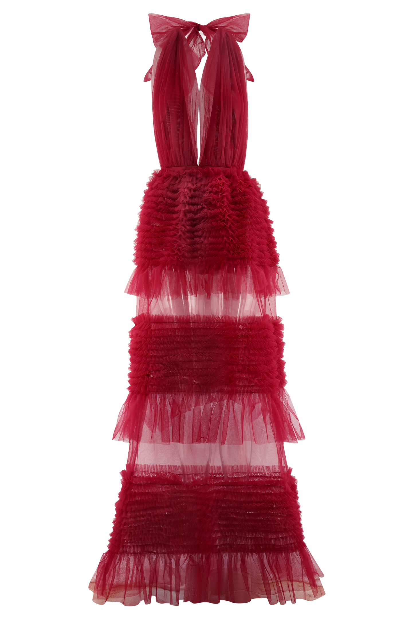 Minka Mesh Ruffle Halter Maxi Dress - Red