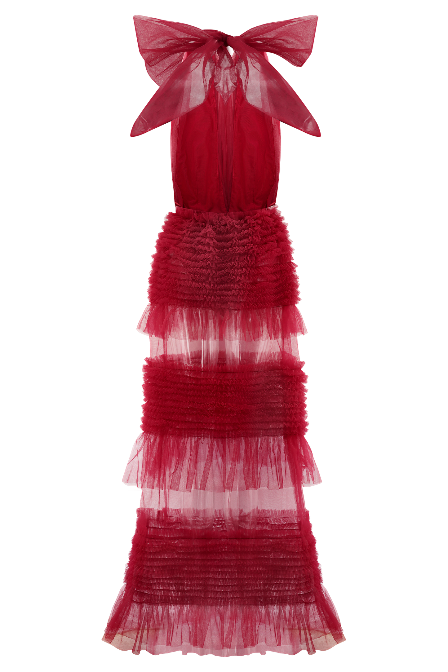 Minka Mesh Ruffle Halter Maxi Dress - Red