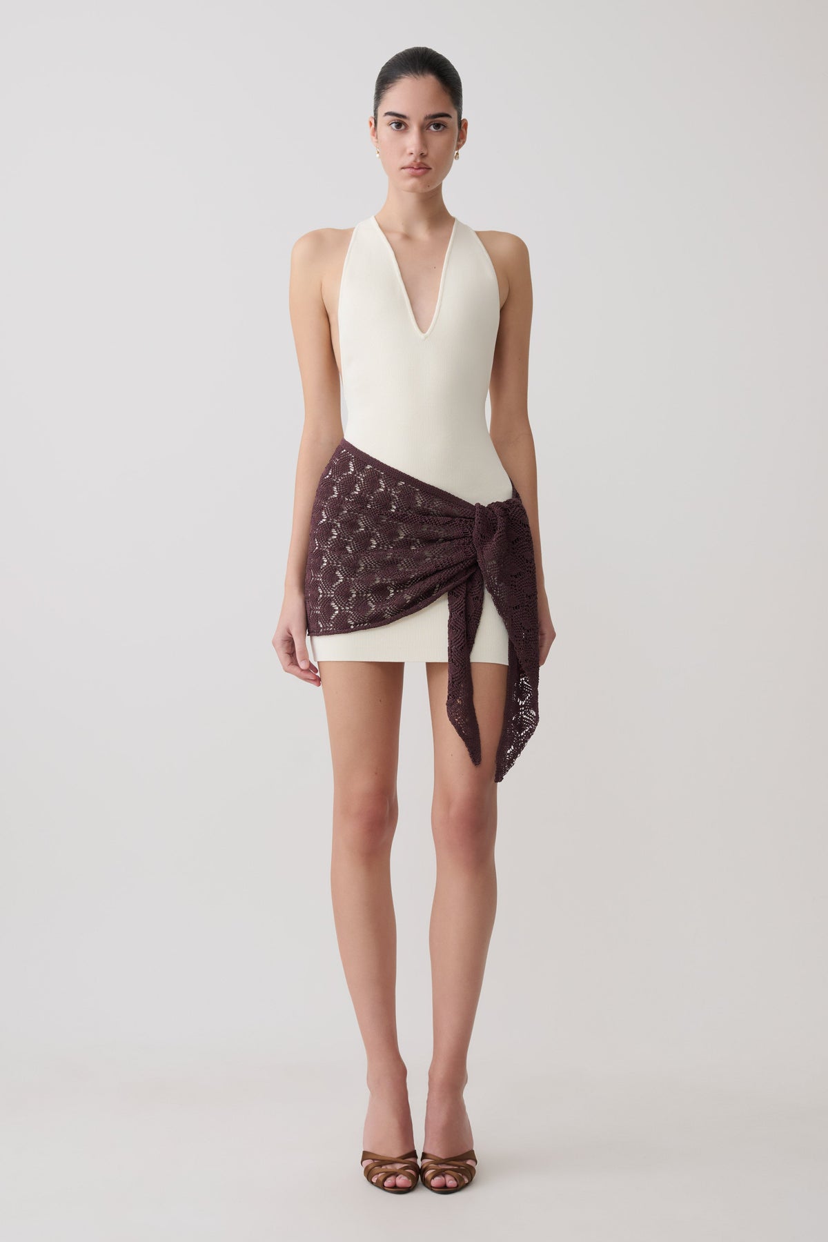 Mollie Mini Dress With Crochet Overlay - White/Chocolate #6