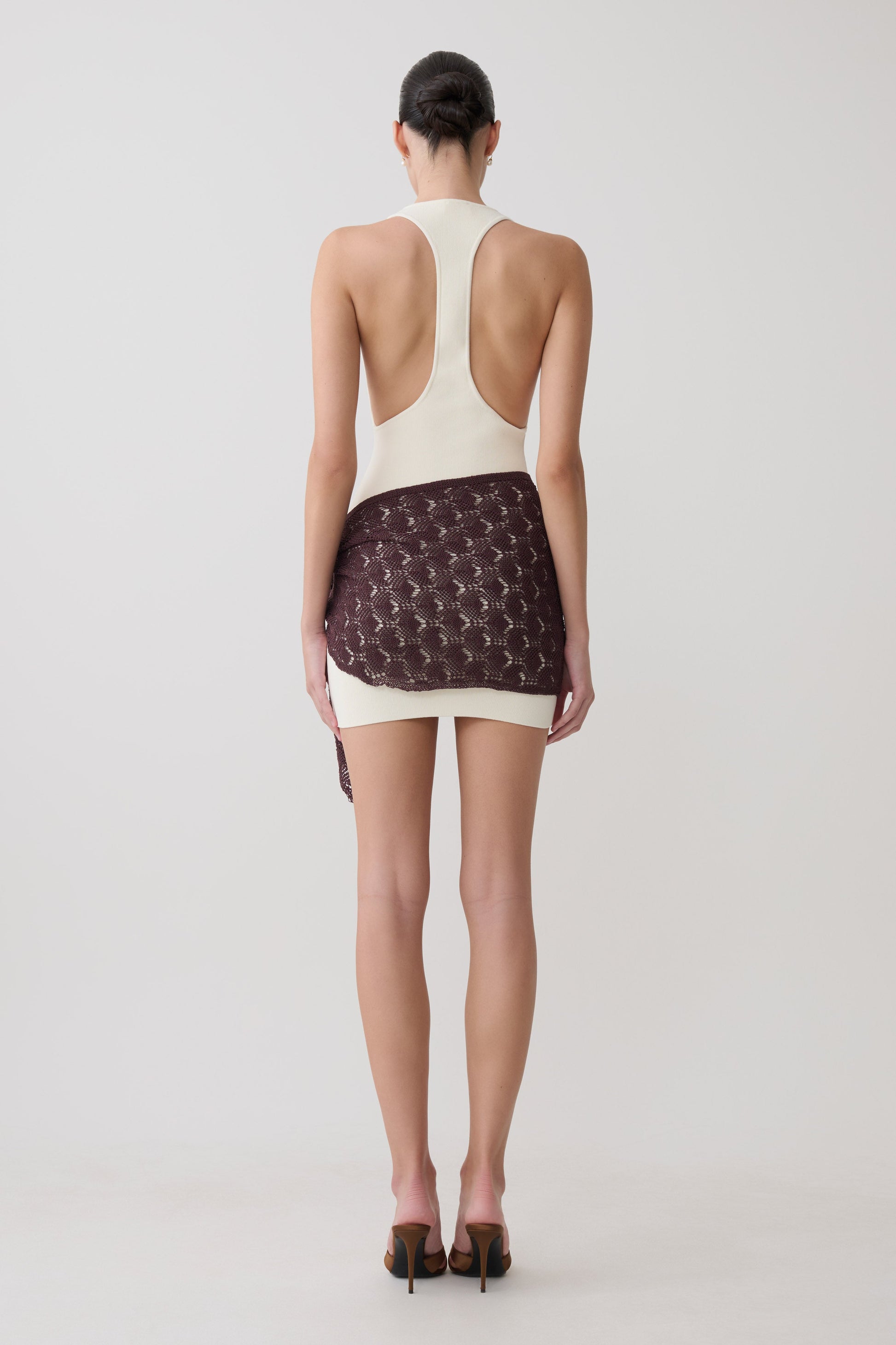 Mollie Mini Dress With Crochet Overlay - White/Chocolate #2