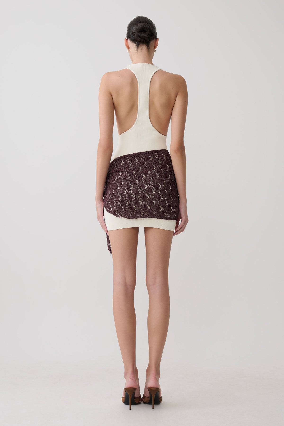Mollie Mini Dress With Crochet Overlay - White/Chocolate #2