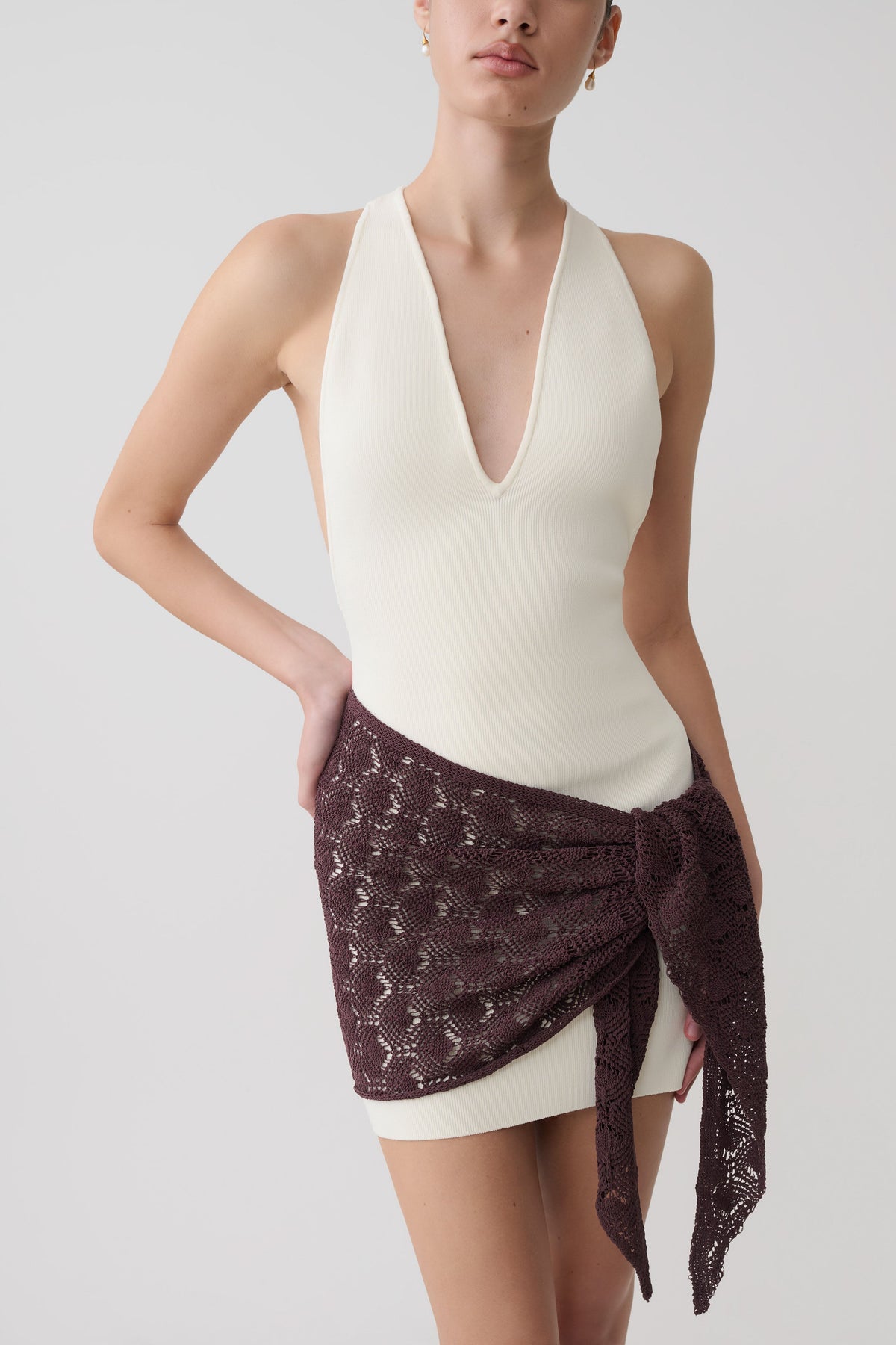 Mollie Mini Dress With Crochet Overlay - White/Chocolate #3