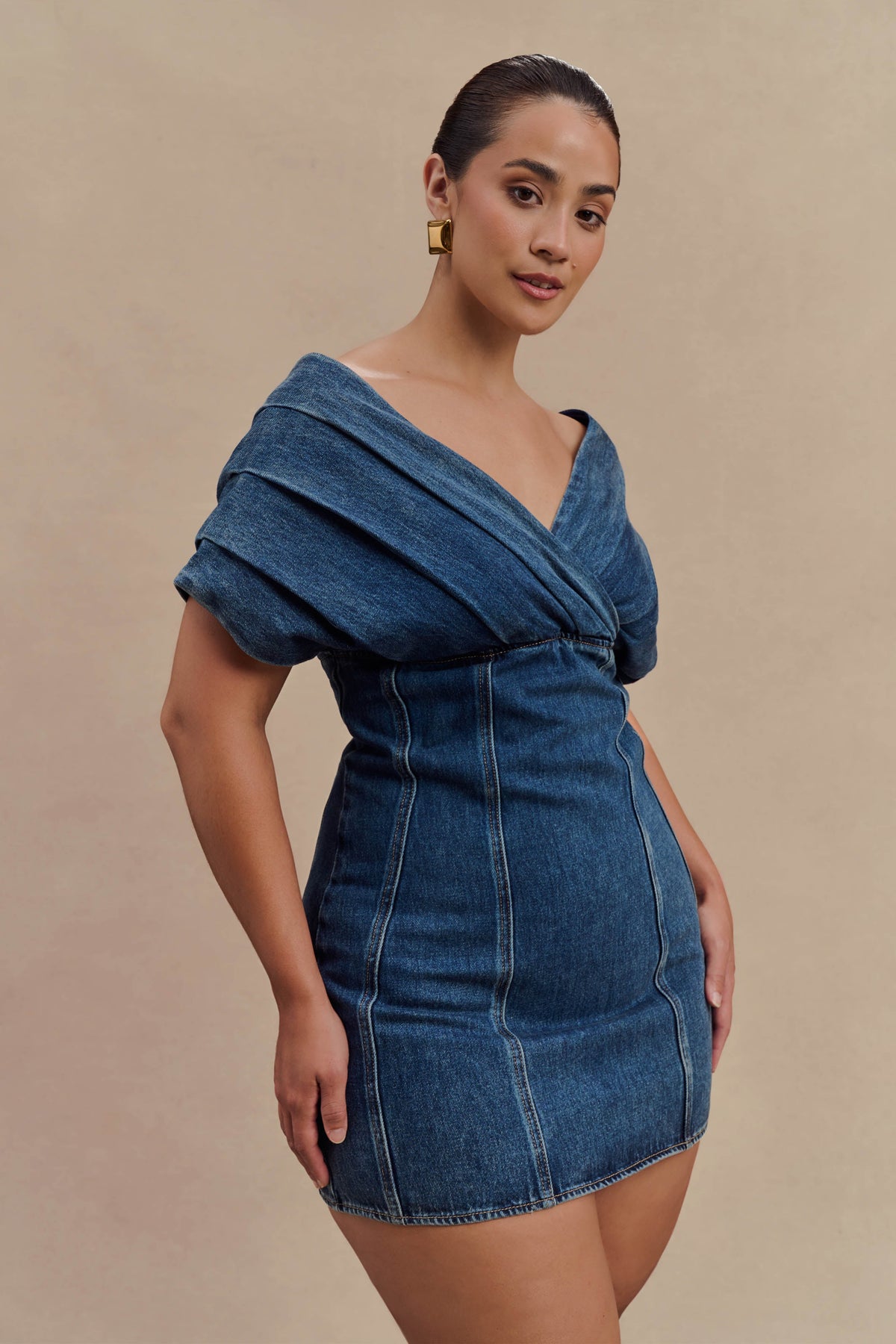 Pascale Off Shoulder Denim Mini Dress - Washed Dark Blue #7