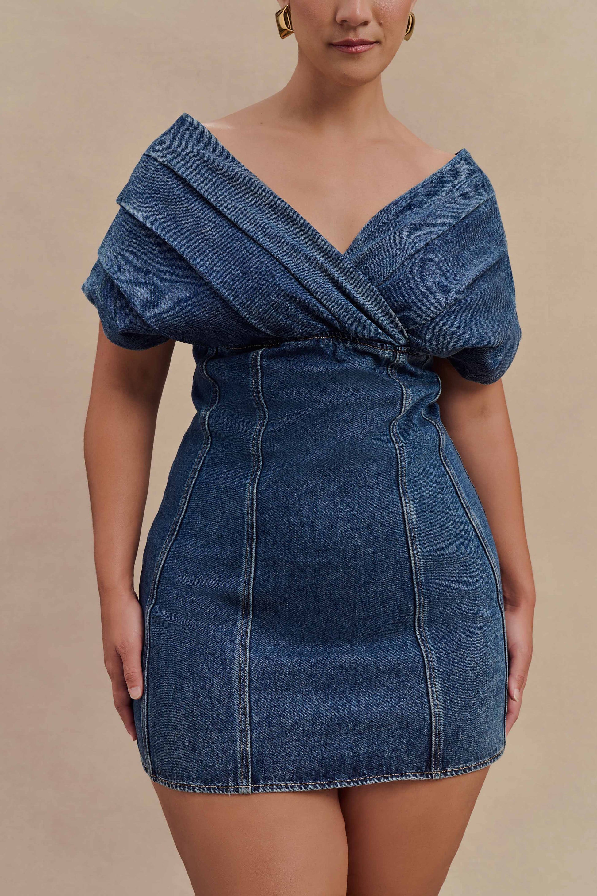 Pascale Off Shoulder Denim Mini Dress - Washed Dark Blue #6