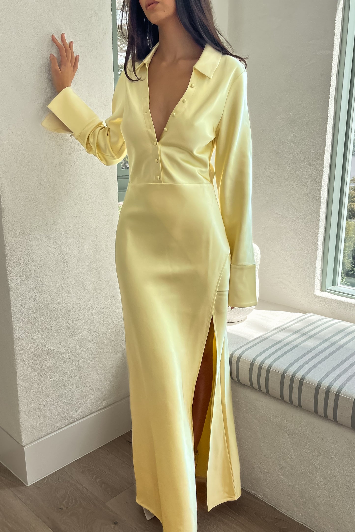 Whitley Satin Collared Maxi Dress - Butter