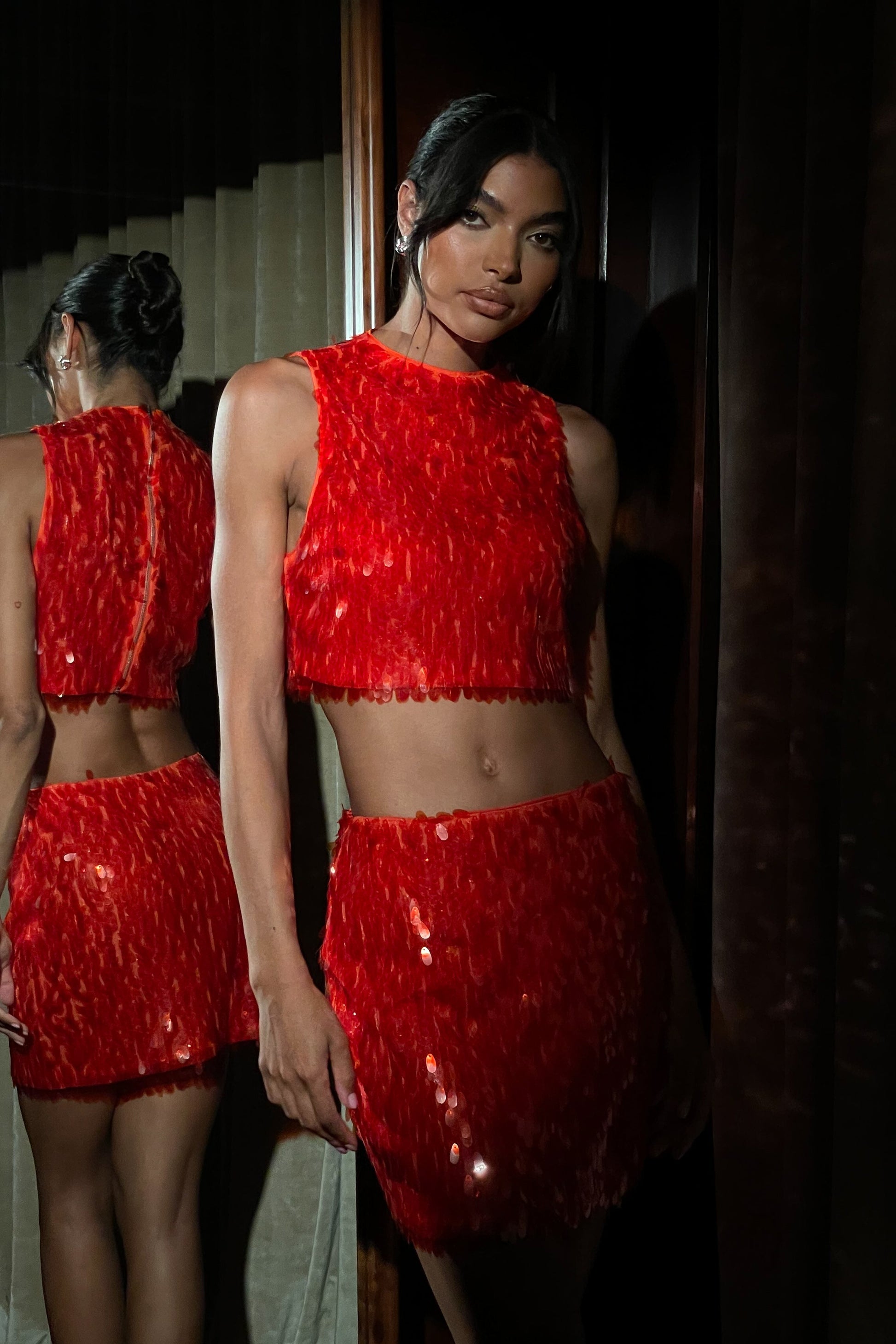 Savannah Sequin Crop Top - Firey Orange #2