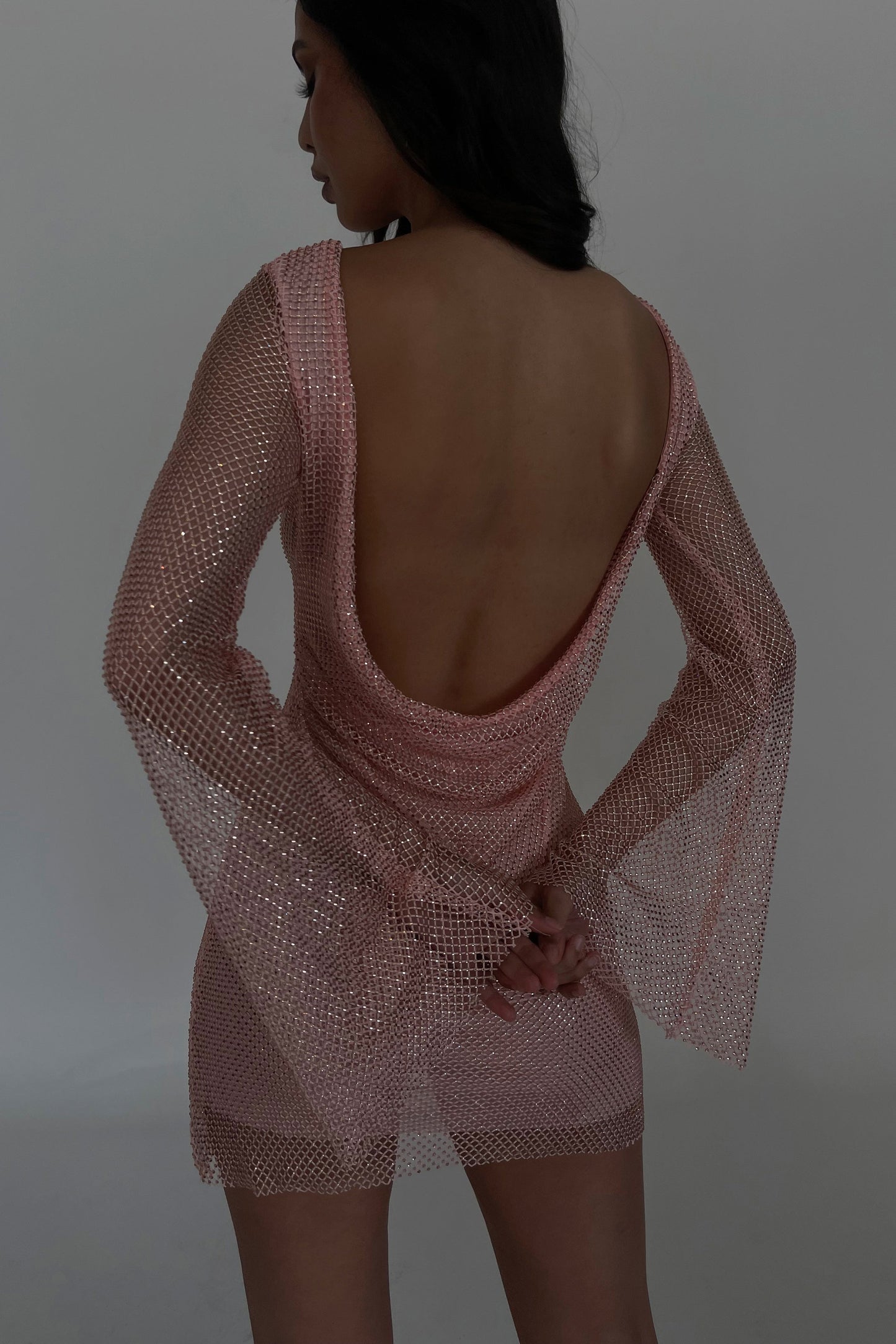 Samira Flare Sleeve Diamante Mesh Mini Dress - Baby Pink