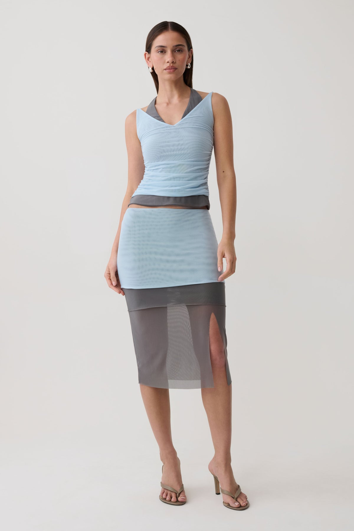 Arielle Mesh Layered Midi Skirt - Pale Blue/Navy #4
