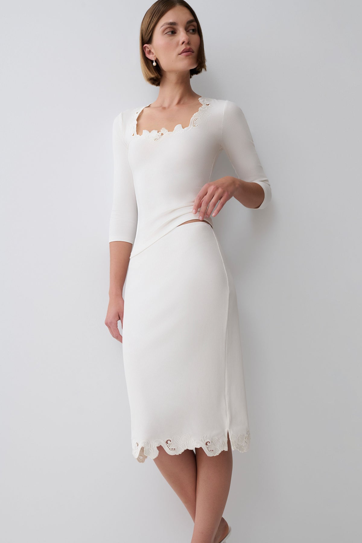 Jane Broiderie Ribbed Midi Skirt - White #3