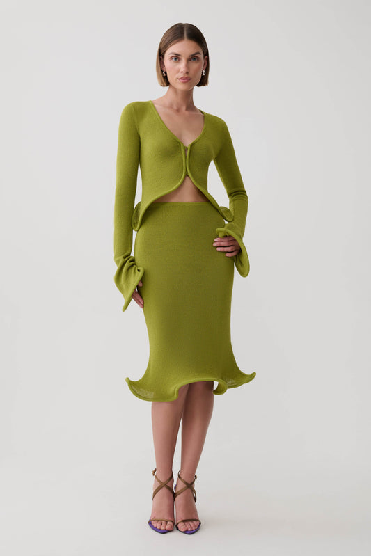 Gigi Knit Knee Length Skirt - Olive