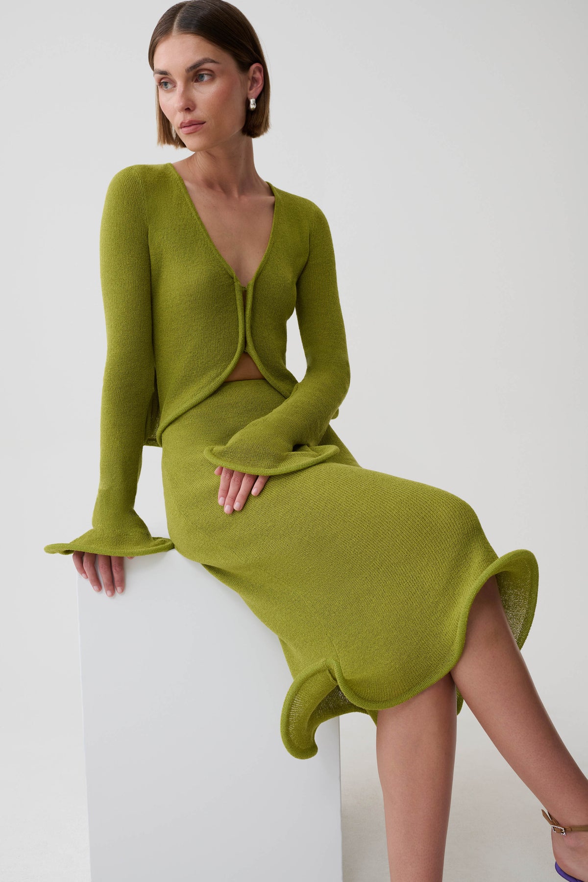 Gigi Knit Knee Length Skirt - Olive
