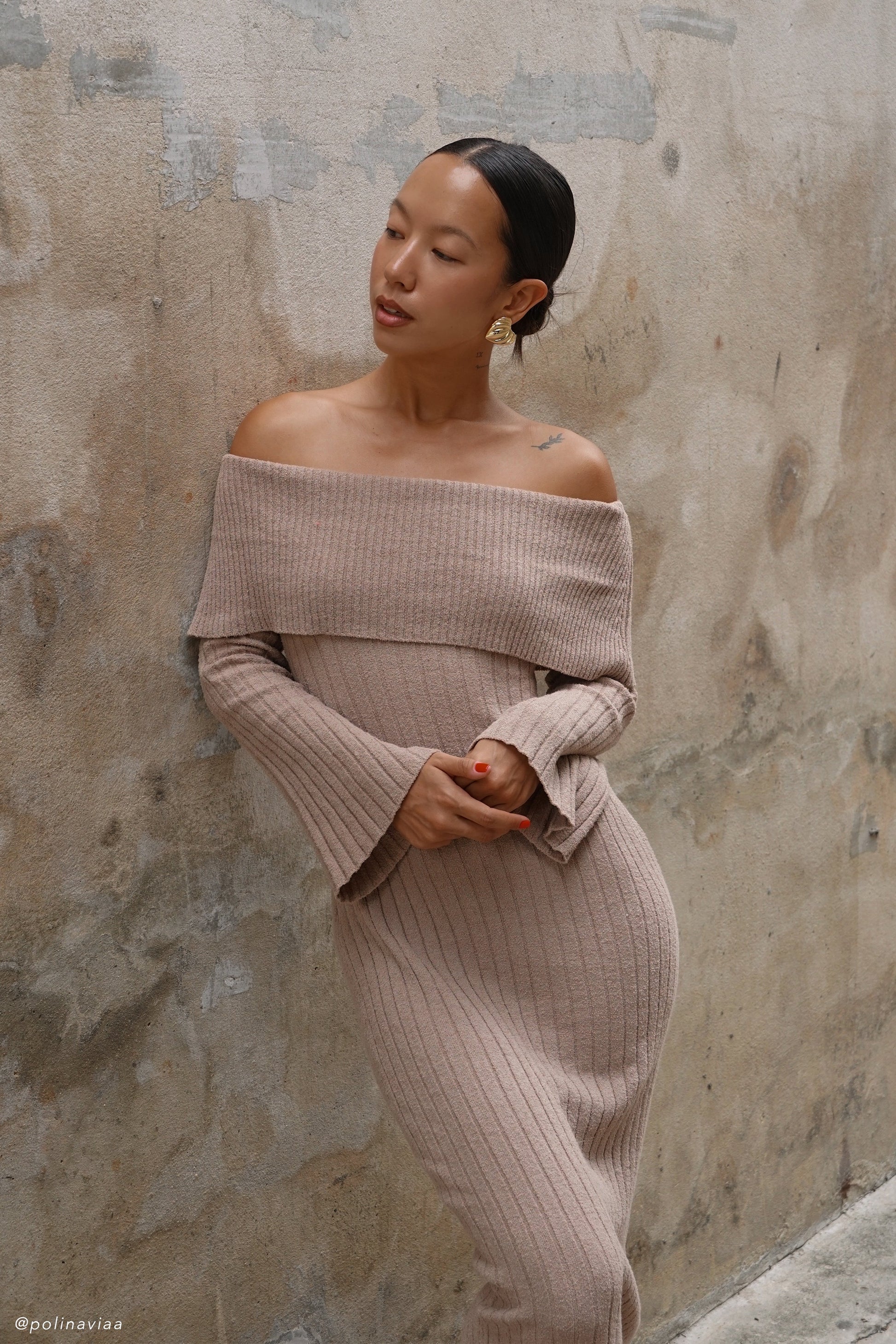 Stefania Off Shoulder Knit Dress - Taupe #11