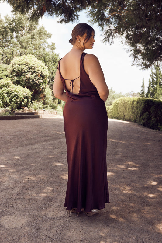 Annalise Satin Maxi Dress With Tie - Plum