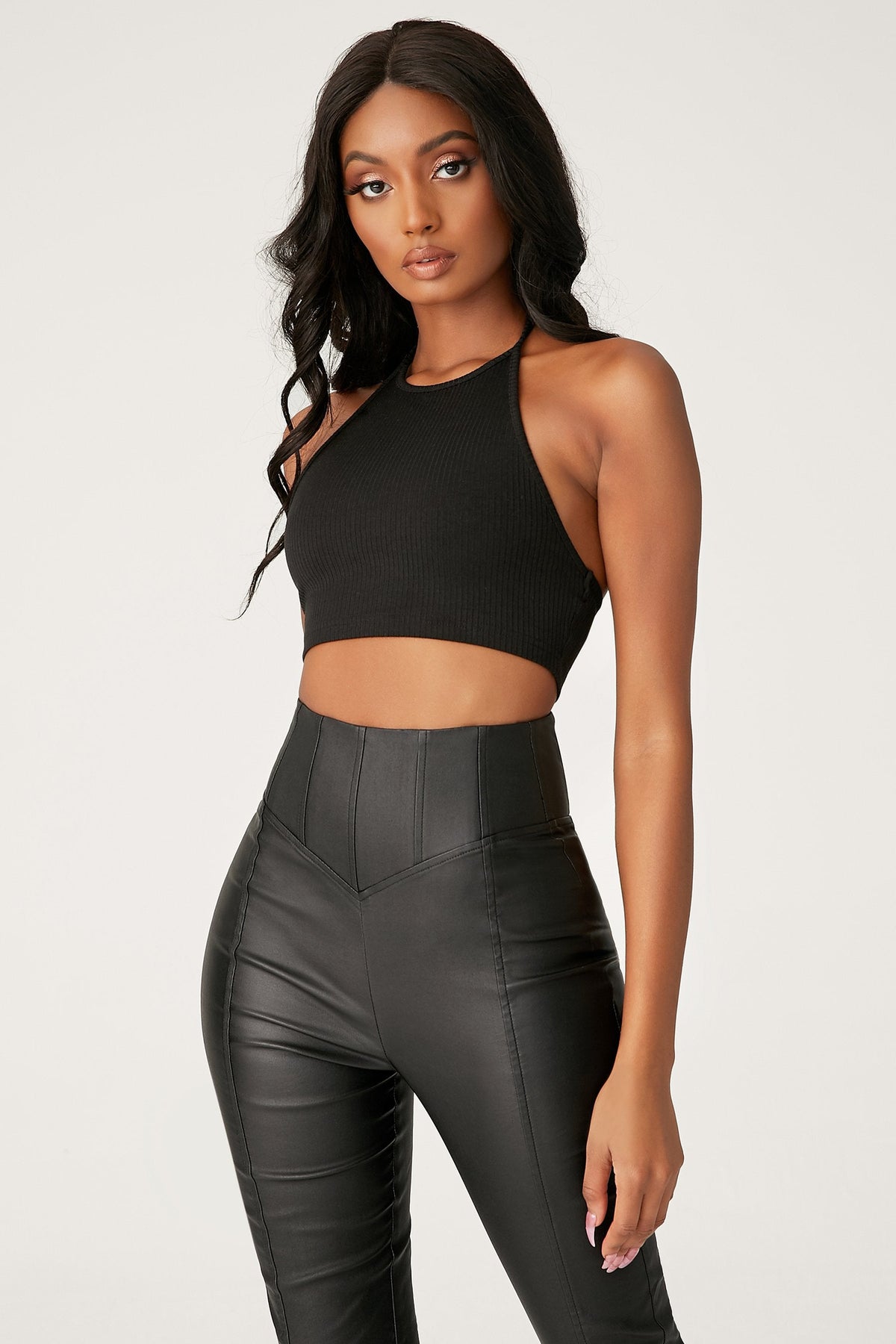 Zima Leatherette Corsetted High Waisted Pants - Black - MESHKI