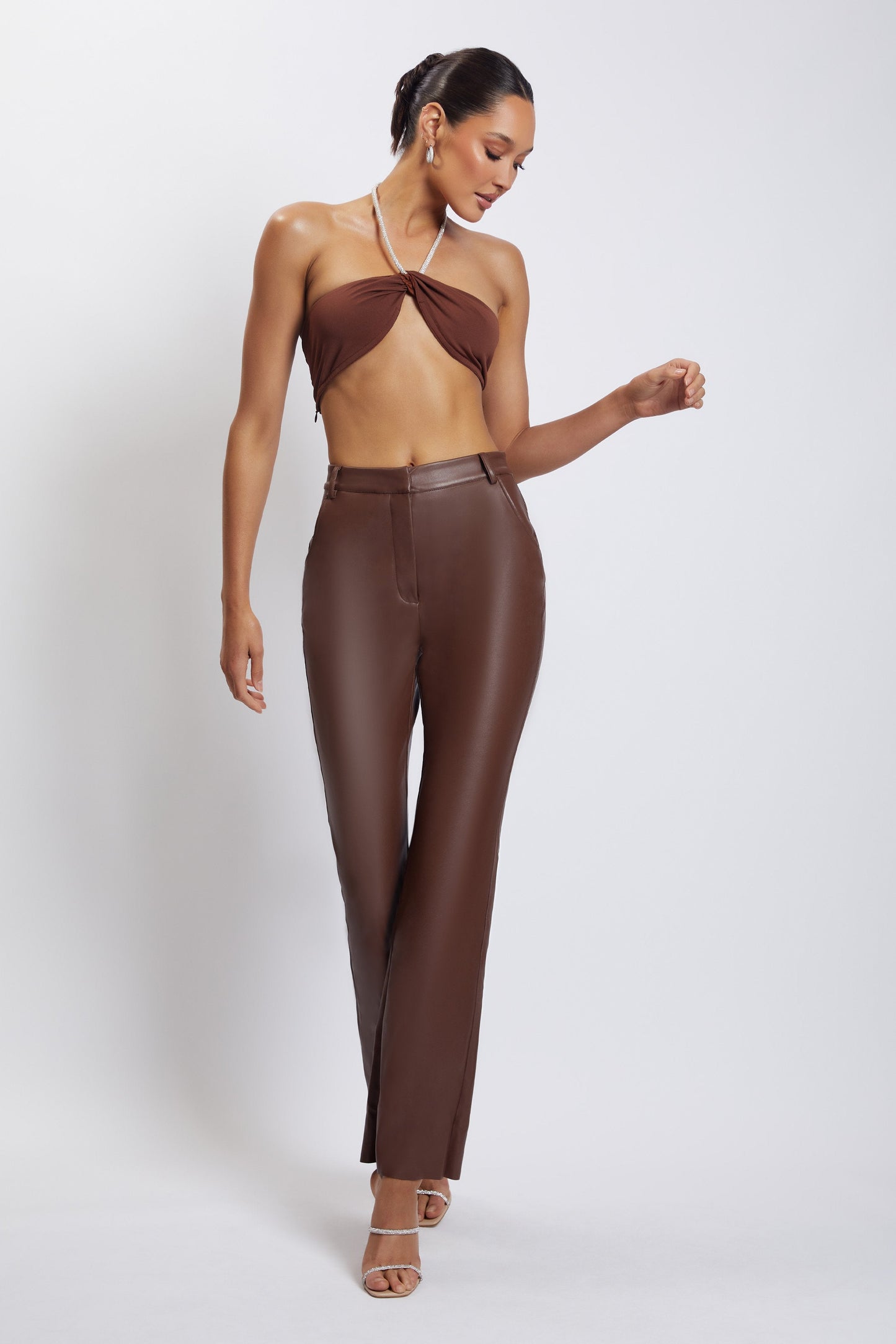 Lea Diamante Chain Halter Neck Crop Top - Chocolate