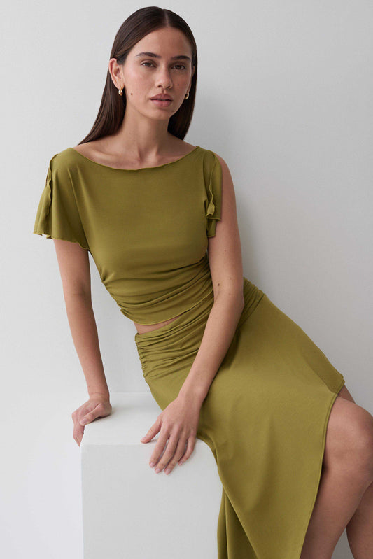 Talise Modal Flounce Short Sleeve Top - Vintage Olive