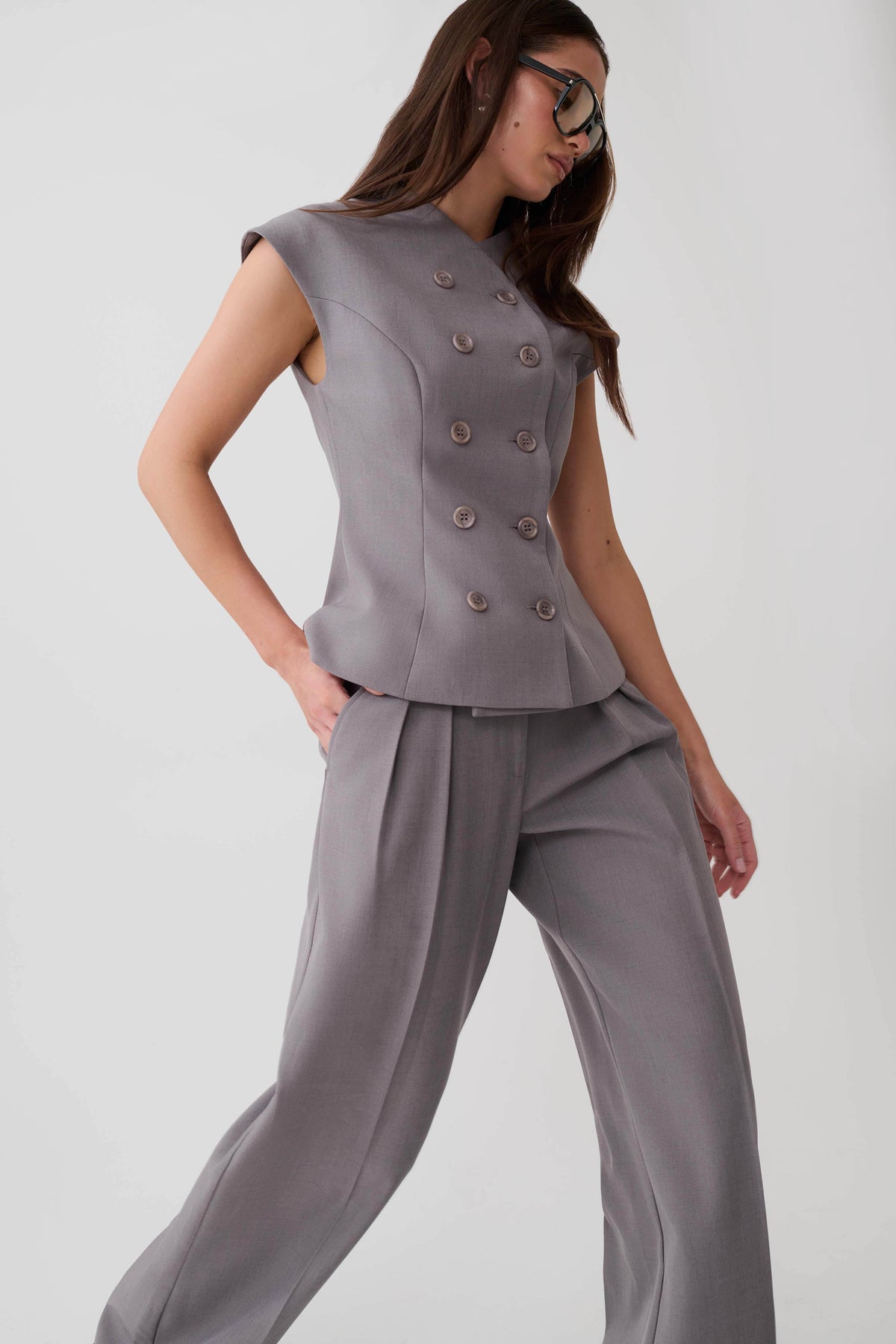 Phoebe Double Breasted Vest - Light Grey Marle #3