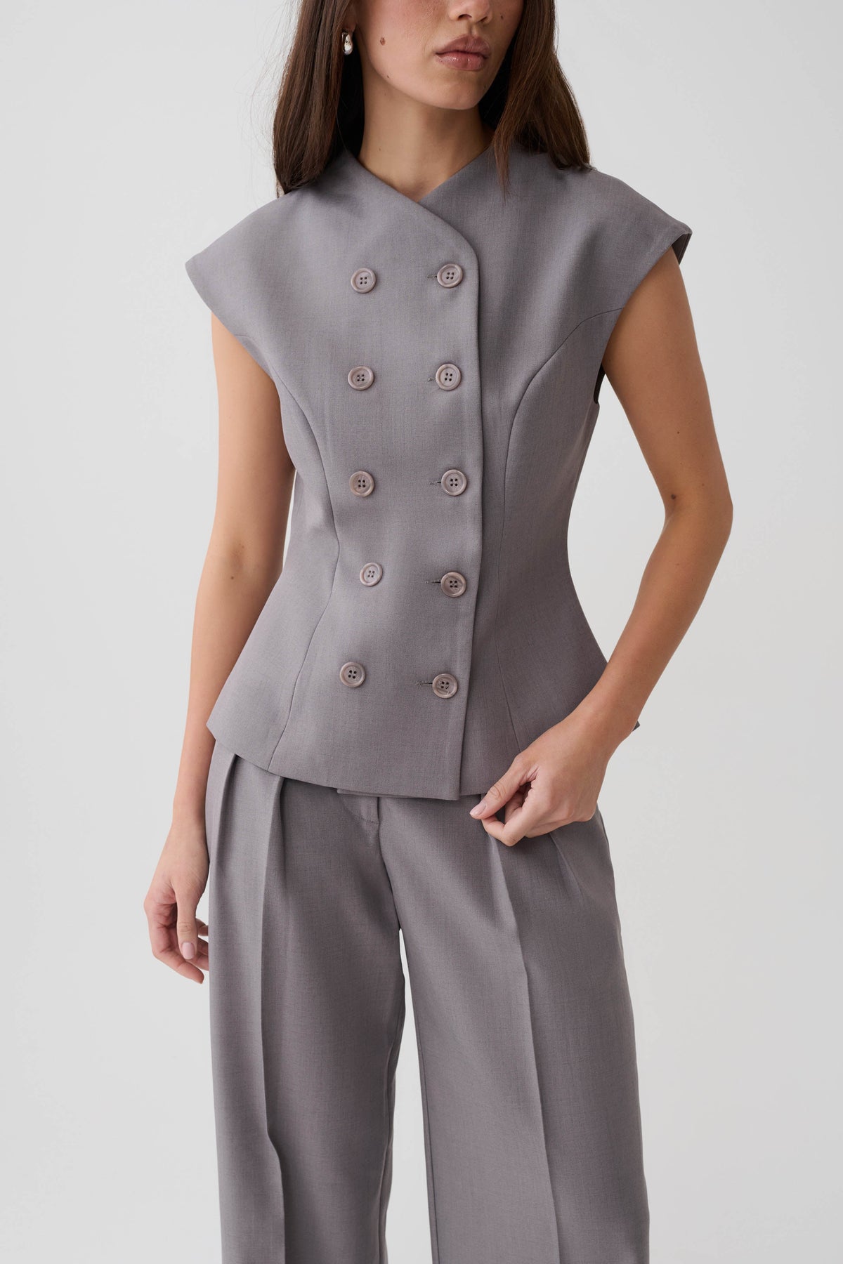 Phoebe Double Breasted Vest - Light Grey Marle #7