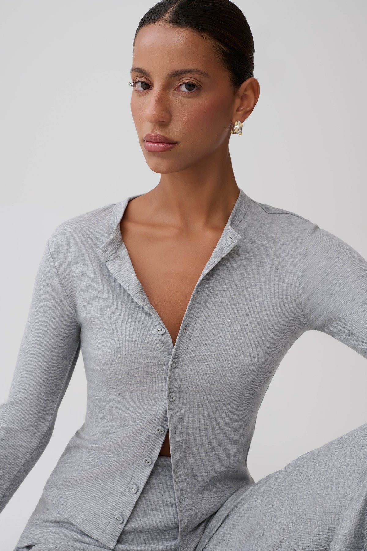Evadne Button Down Jersey Cardigan - Grey Marle #3