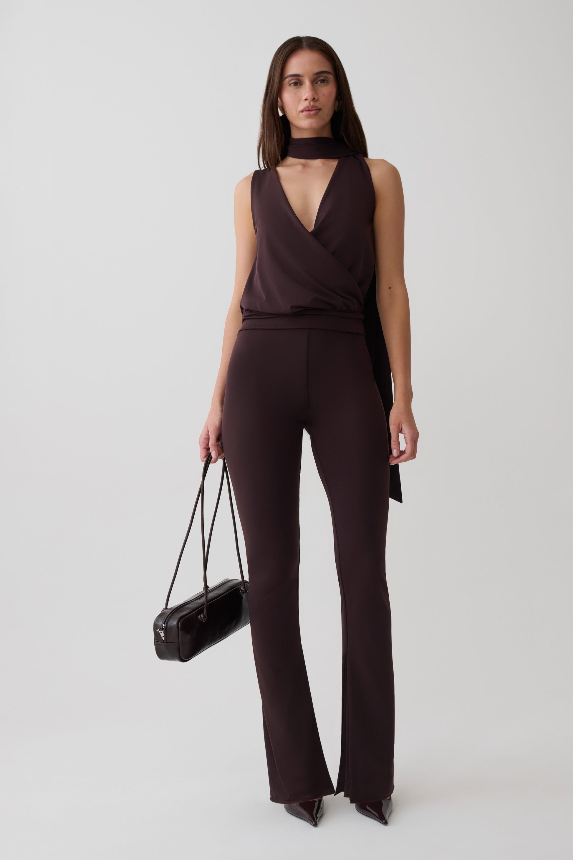 Raisa Overlap Top With Neck Scarf - Chocolate