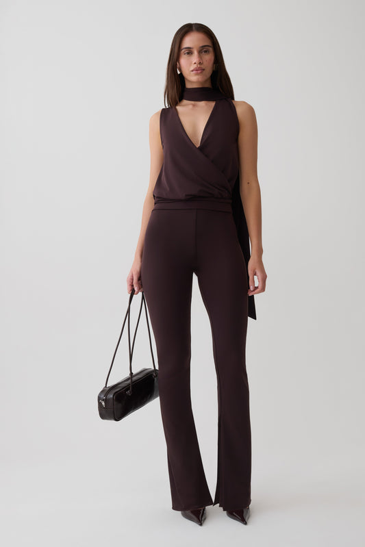 Raisa Overlap Top With Neck Scarf - Chocolate