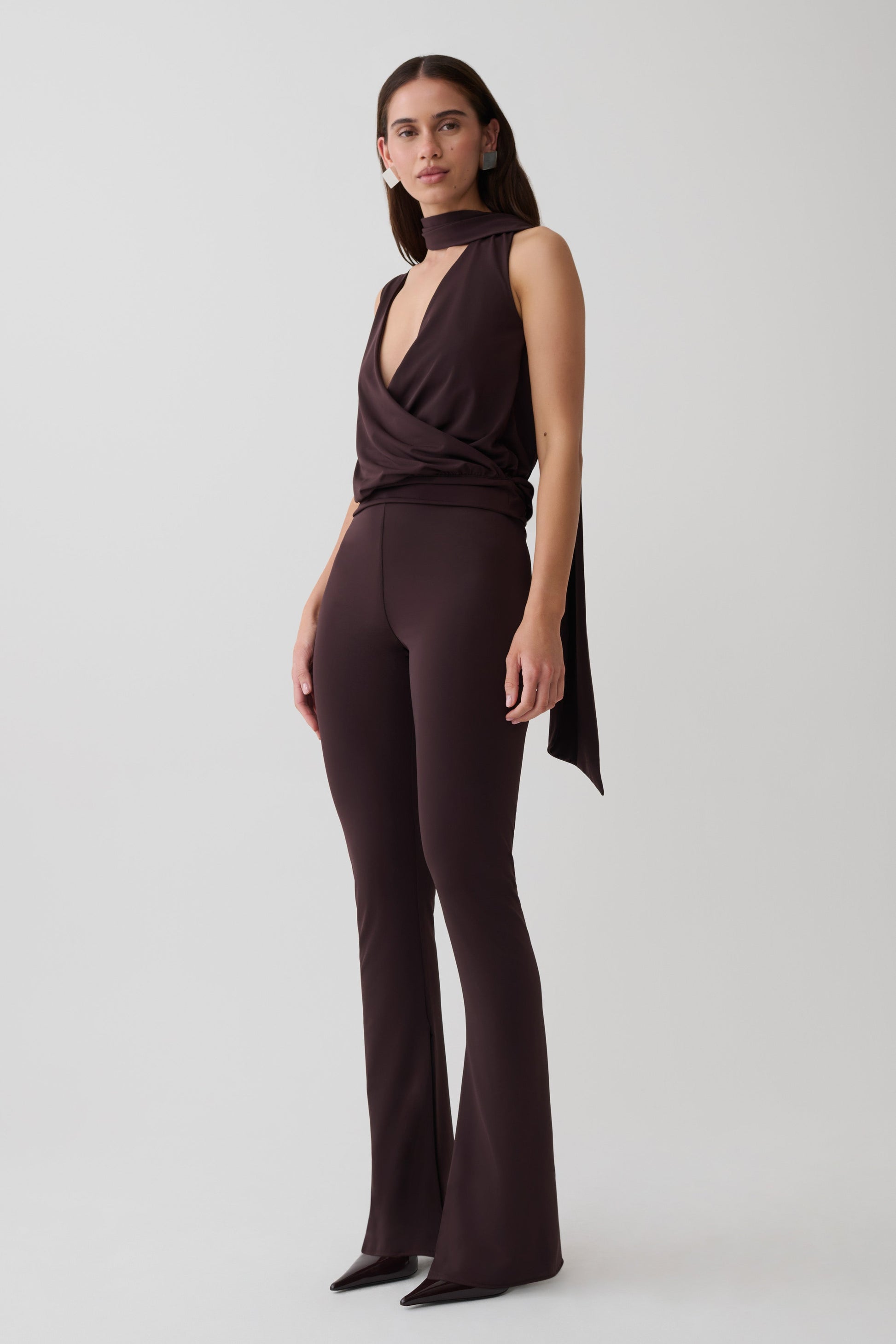 Raisa Overlap Top With Neck Scarf - Chocolate #4