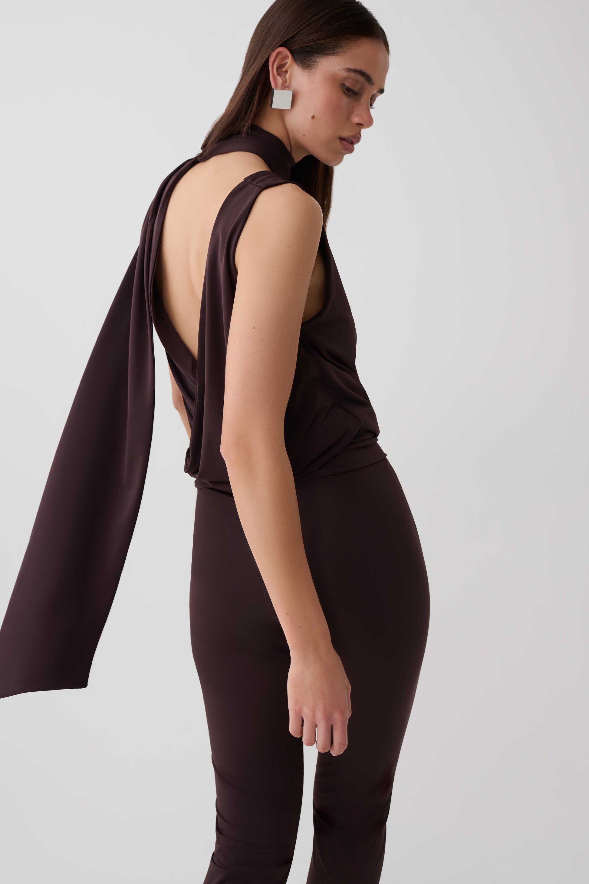 Raisa Overlap Top With Neck Scarf - Chocolate #7