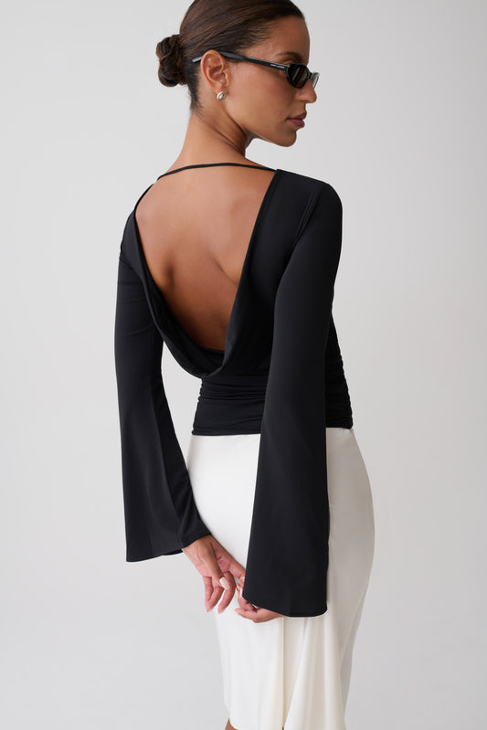 Sabina Cowl Back Long Sleeve Top - Black