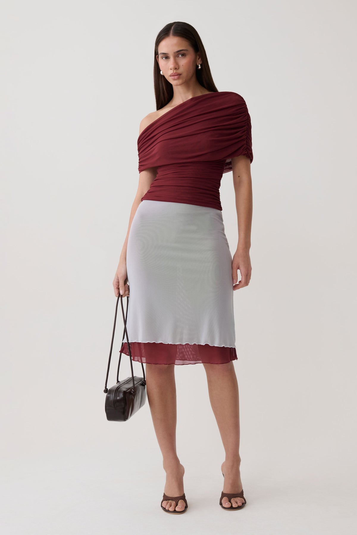 Arina Fluid Loose Neck Jersey Mesh Top - Wine