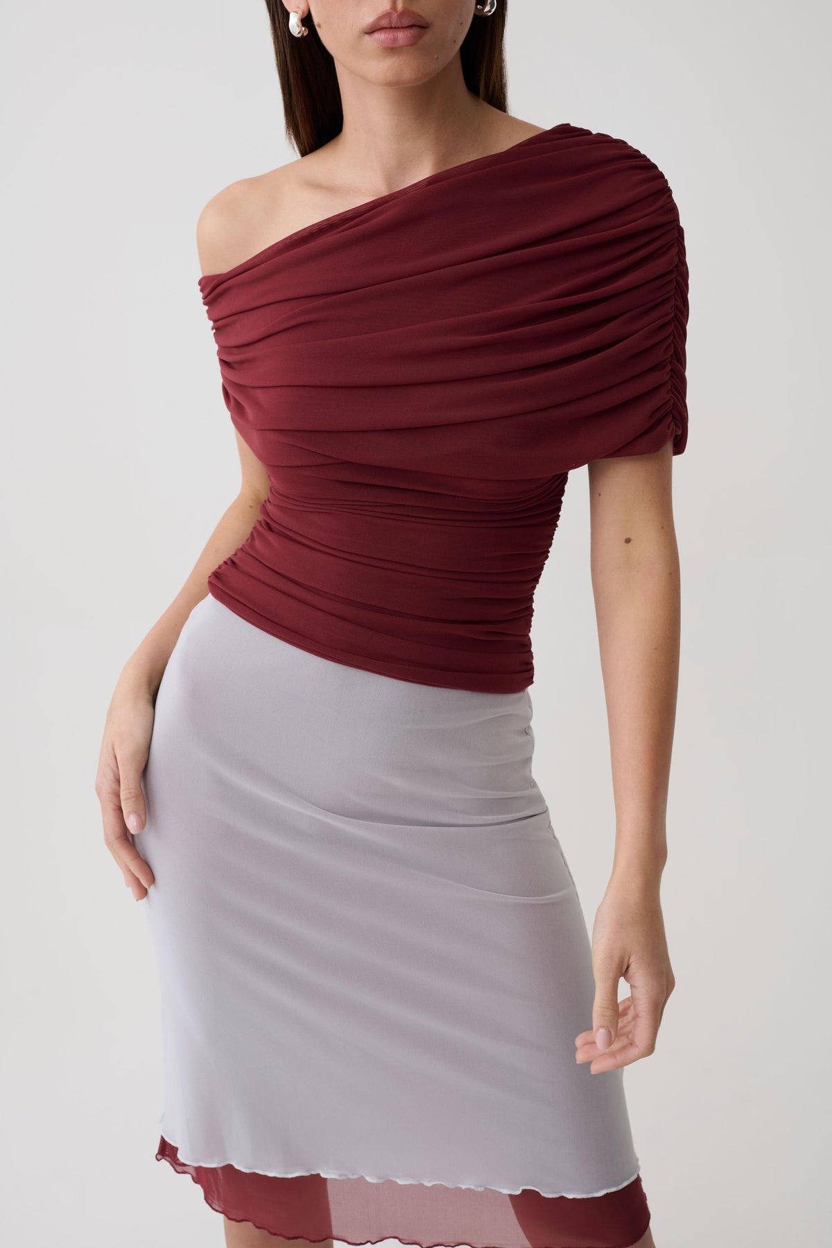 Arina Fluid Loose Neck Jersey Mesh Top - Wine