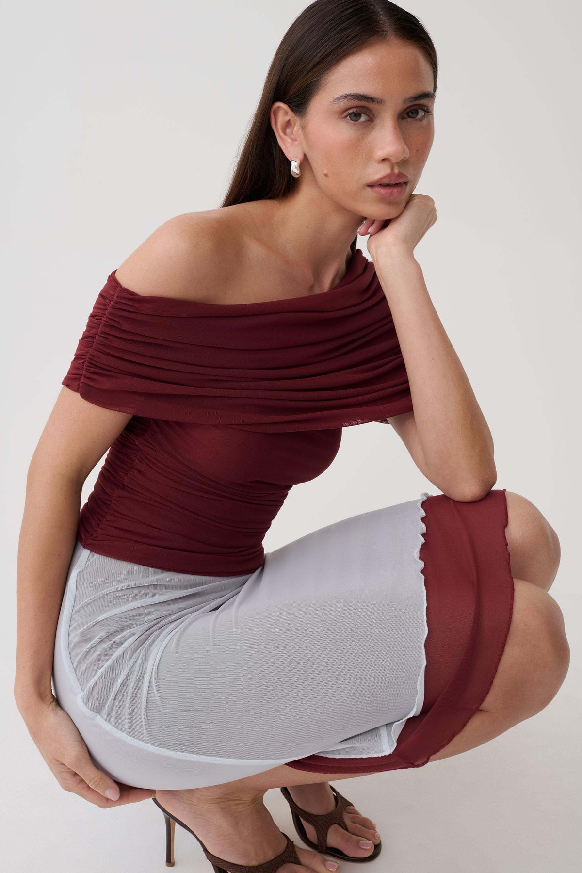 Arina Fluid Loose Neck Jersey Mesh Top - Wine