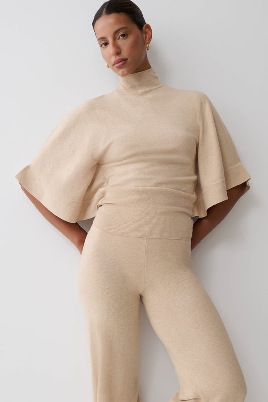 Helania High Neck Knit Top - Oat Marle