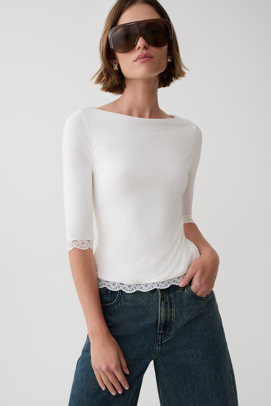 Althea Lace Trimmed Top - White