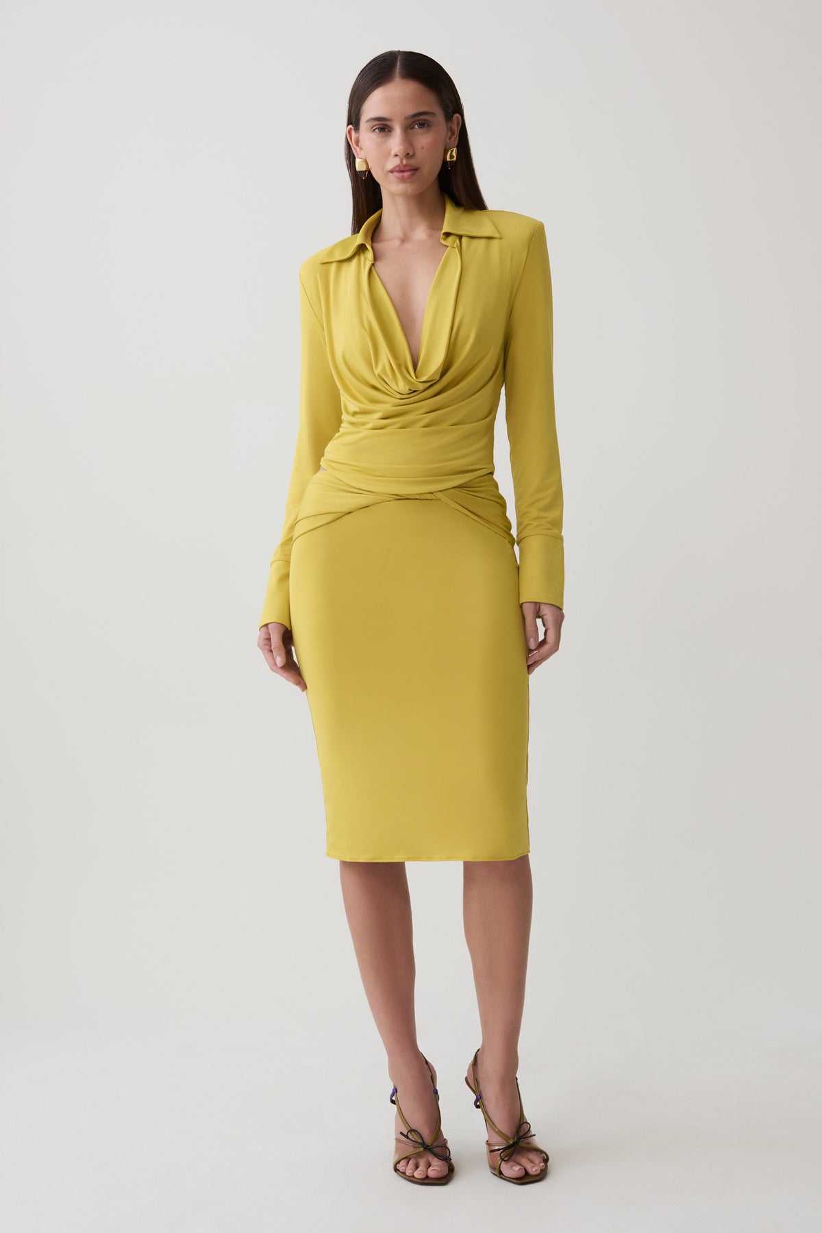 Elmira Long Sleeve Slinky Gather Detail Top - Chartreuse #5