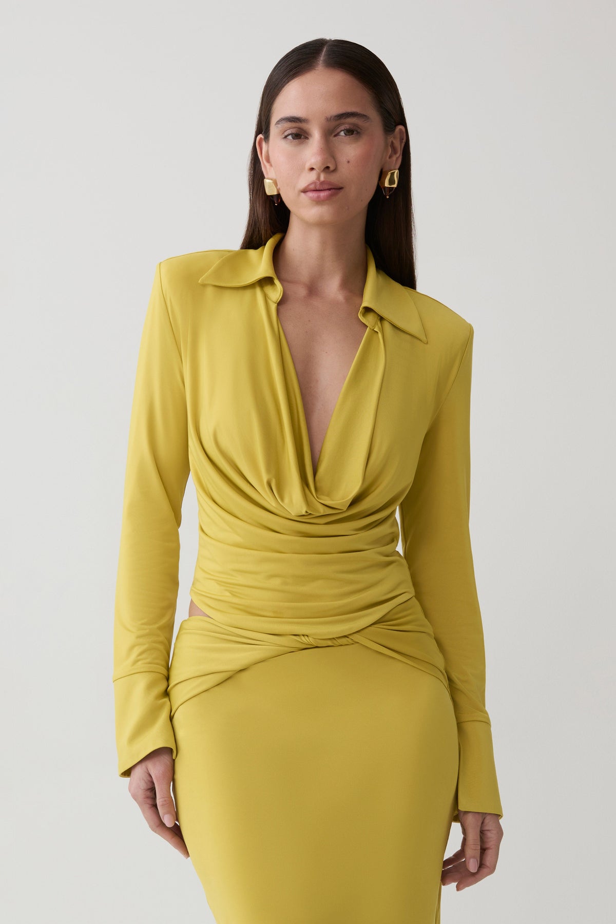 Elmira Long Sleeve Slinky Gather Detail Top - Chartreuse #3