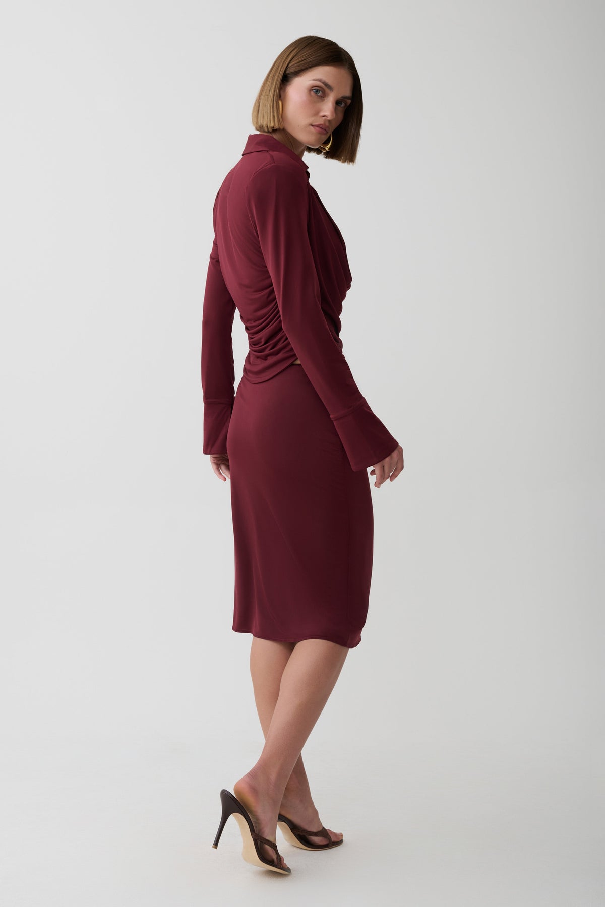 Elmira Long Sleeve Slinky Gather Detail Top - Wine